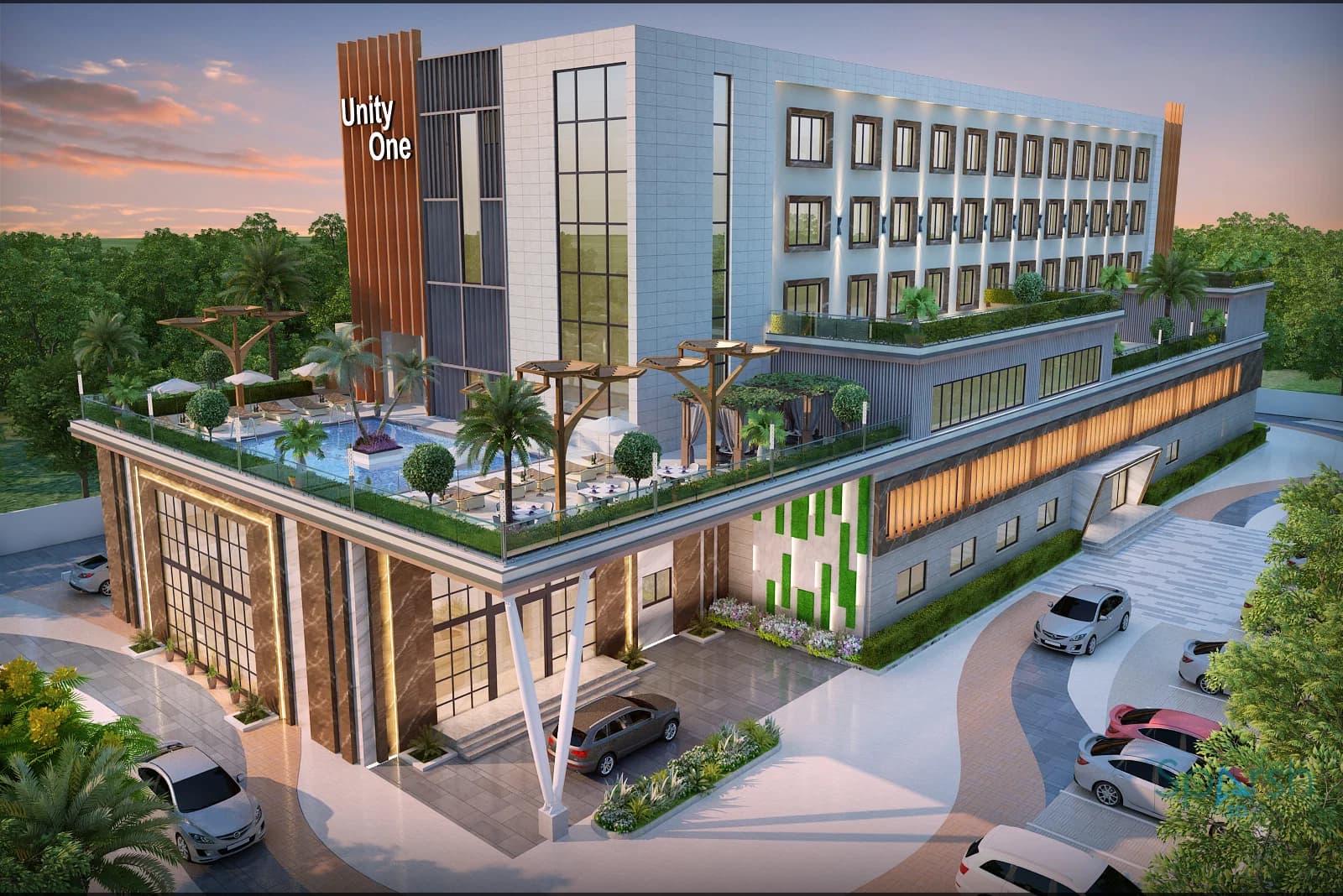3D visualization of Unity One Hotel by Sparsh 3D Lucknow